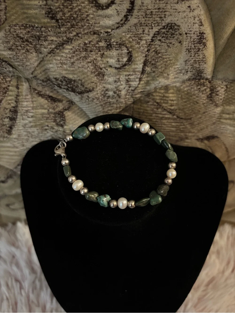 Carolyn Pollack 925 Sterling Silver Turquoise + Pearl Beaded Bracelet - 7 inches